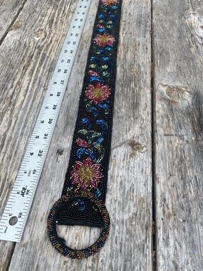 Black Beaded Floral Waist Belt with Multicolor Embroidery